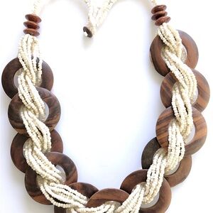Oversized Handcrafted Wood and Cream Beaded Necklace
